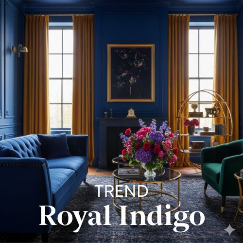 Blauwe woonkamer met gouden gordijnen en een donkerblauwe sofa. Een bloemstuk op een glazen tafel. Stijlvol interieur met rijke kleuren.