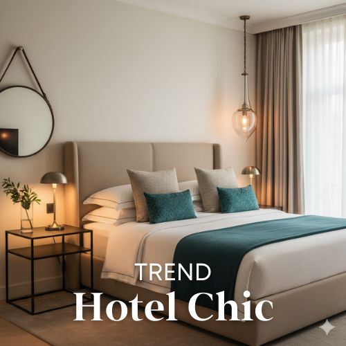 Slaapkamer met beige hoofdeinde, witte lakens en blauwgroene accenten. Spiegel aan de muur en zachte verlichting. Woontrends interieur.