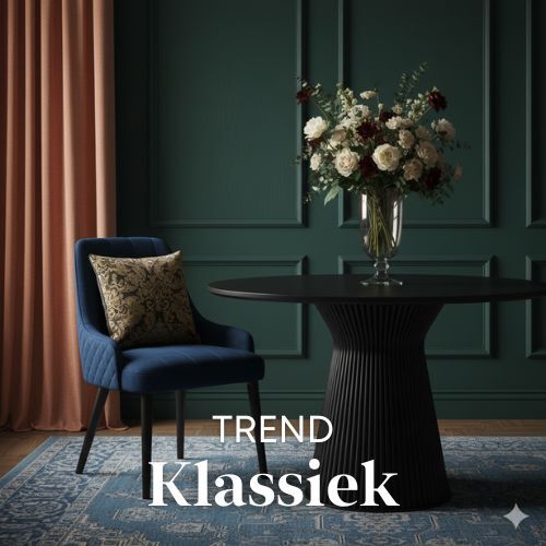 Blauwe stoel met kussen, zwarte tafel met bloemenvaas tegen een donkergroene wand. Zachtroze gordijn en blauw tapijt. Woontrends.