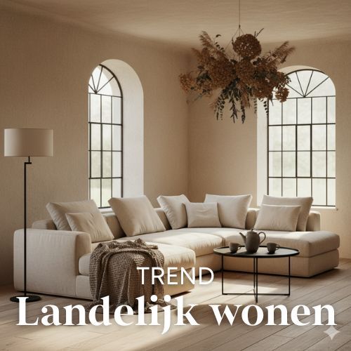 Beige hoekbank met kussens, ronde tafel en theepot. Houten vloer, grote ramen en gedroogde bloemen. Warme, zachte belichting. Landelijk wonen.