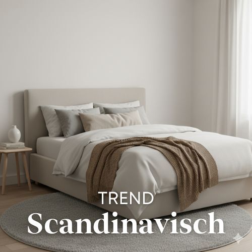 Slaapkamer woontrend met zacht licht, beige bed, en een bruine sprei. Minimalistisch nachtkastje van hout en een rond, grijs vloerkleed.