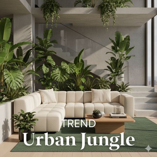 Lichte hoekbank met kussens, houten tafel en groene planten in een kamer met betonnen muren en trappen. Urban Jungle woontrend.