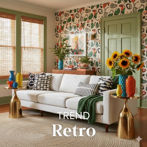 Woonkamer met witte bank, gouden bijzettafels en kleurrijk behang. Zonnebloemen in blauwe vaas. Retro interieur met groene accenten.