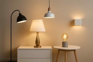 Diverse lampen in een interieur. Een zwarte booglamp, een tafellamp met beige kap, een hanglamp en een wandlamp, allemaal met warm licht. Design.