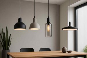 Vier hanglampen boven een houten tafel. De lampen zijn zwart, grijs en transparant, met een moderne stijl. Zitbanken en design in de kamer.