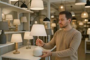 Man bekijkt lamp in showroom. Zachte belichting, witte tinten. Diverse lampen op de achtergrond. Design element voor de woonkamer.
