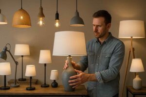 Man bekijkt lampen in een kamer. Verschillende stijlen, hangend en staand, op een houten tafel. Zachte, warme belichting. Design lampen.