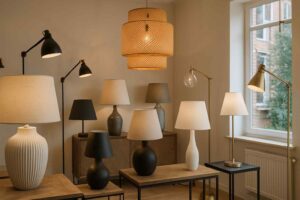 Overzicht van een collectie lampen in diverse stijlen, van staande lampen tot tafellampen, met zachte belichting en warme kleuren.