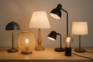 Diverse lampen op een houten tafel, waaronder een design lamp met een bolvormige lampenkap en zwarte details, sfeervolle verlichting.