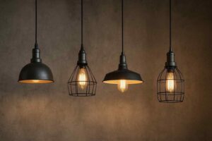 Vier hanglampen met industrieel design tegen een bruine achtergrond. De lampen hebben verschillende vormen en zijn van metaal, met warme verlichting.