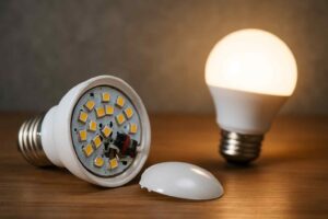 Een kapotte LED-lamp met zichtbare diodes naast een brandende lamp op een houten tafel. Zachte belichting en grijze achtergrond.