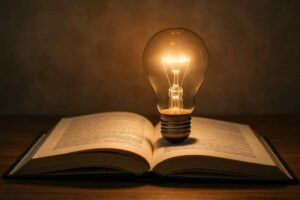 Gloeiende lamp op een open boek, warme belichting. Concept van inspiratie en kennis. Zitbanken en design voor jouw woonkamer.