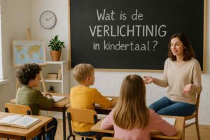 Klassikale scène met een leraar voor een zwart schoolbord met de tekst Wat is de Verlichting in kindertaal?. Houten tafels en stoelen.