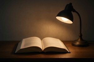 Open boek op houten tafel, verlicht door een zwarte bureaulamp. Zachte, warme belichting creëert een gezellige sfeer. Ideaal voor design woonkamer.