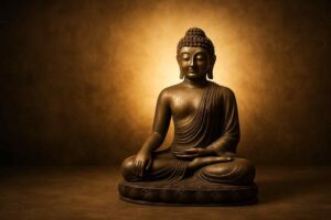 Bronzen Boeddhabeeld in lotushouding, zachte verlichting. Gouden achtergrond zorgt voor een rustgevende sfeer in de woonkamer.