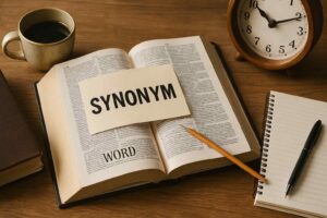 Bovenaanzicht van een open boek met het woord synoniem erop, een kop koffie, een notitieboek en een klok op een houten bureau in warme tinten.