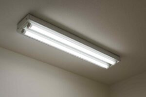 Witte TL-balk aan een plafond, gezien vanuit een lage hoek. De lamp heeft vier buizen en een metalen frame. Neutrale kleuren in de achtergrond.