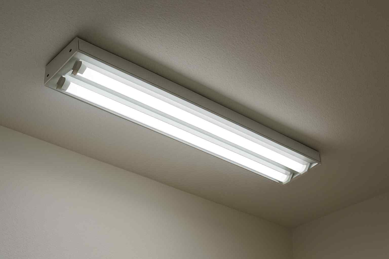 Witte TL-balk aan een plafond, gezien vanuit een lage hoek. De lamp heeft vier buizen en een metalen frame. Neutrale kleuren in de achtergrond.
