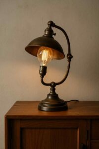 Vintage lamp met gloeilamp op houten kastje. De lamp heeft een bronzen kleur en een gebogen arm. Sfeervolle verlichting voor de woonkamer.