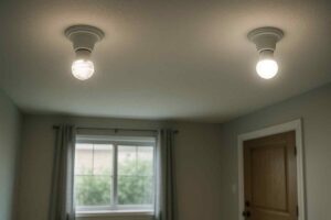 Twee LED-lampen aan een wit plafond in een kamer met een raam en een houten deur. Zachte, natuurlijke verlichting. Design elementen.