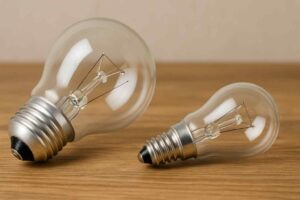 Twee heldere gloeilampen op een houten oppervlak. De ene lamp is groter dan de andere, met zilveren fittingen. Warm licht en een zachte achtergrond.