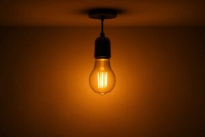 Gloeilamp met warm licht aan het plafond. De lamp heeft een moderne design uitstraling en geeft een sfeervolle verlichting.