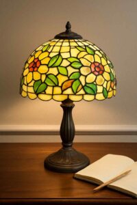 Gekleurde Tiffany lamp met bloemmotief op houten bureau. Geel glas en groene bladeren, warme verlichting. Design voor jouw woonkamer.
