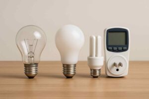 Drie gloeilampen en een energiemeter op een houten oppervlak. De lampen variëren in type, van helder tot wit. Zachte belichting.