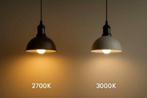 Twee hanglampen naast elkaar tonen het verschil in kleurtemperatuur, van warm 2700K tot koeler 3000K, voor een woonkamer design.