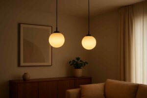 Twee bolvormige hanglampen met warm licht boven een houten dressoir en een comfortabele zitbank in een sfeervolle woonkamer.