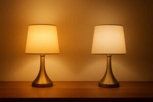 Twee tafellampen naast elkaar, de een met warmer licht dan de ander. Houten tafelblad en een warme achtergrondkleur. Design voor jouw woonkamer.