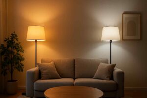 Woonkamer design met comfortabele zitbank. Twee lampen met verschillend licht: warm geel en koel wit. Houten tafel en plant in pot.