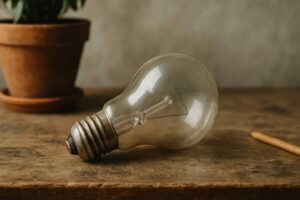 Close-up van een oude lamp op een houten tafel, met een bloempot op de achtergrond. Zachte, natuurlijke belichting en warme kleuren.