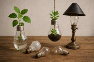 Nog steeds leven in oude lampen. Planten in glazen lampen op houten tafel, lamp met zwarte kap. Creatief design, natuurlijk licht en warme kleuren.