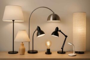 Diverse lampen op een houten tafel. Staande lampen met witte kap, zwarte bureaulampen en een lamp met een gloeilamp. Warm licht.