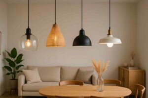 Vier hanglampen boven een houten tafel in een woonkamer. De lampen zijn van glas, rotan, zwart metaal en wit metaal. Zitbank in zachte kleuren.