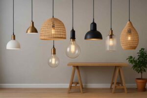 Diverse hanglampen boven een houten bankje, sfeervolle verlichting. Verschillende materialen en vormen, van rotan tot glas en metaal. Licht houten vloer.