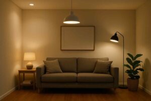 Interieur met comfort zitbank, houten vloer en zachte verlichting. Een staande lamp, tafellamp en hanglamp zorgen voor sfeer in de woonkamer.