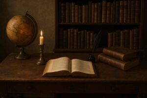 Houten bureau met oude boeken, een globe en een kaars in warme tinten. Zitbanken en design elementen in klassieke stijl.