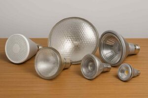 Zes PAR lampen in diverse modellen liggen op een houten tafel. De lampen zijn zilverkleurig en verschillen in grootte en ontwerp. Design lampen.