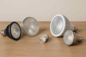 Vijf PAR-lampen in verschillende soorten en maten op een houten tafelblad. De lampen hebben zilveren reflectoren en een grijze of witte behuizing.