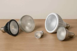 Vijf PAR-lampen in verschillende soorten en maten op een houten tafelblad. De lampen hebben zilveren reflectoren en een grijze of witte behuizing.