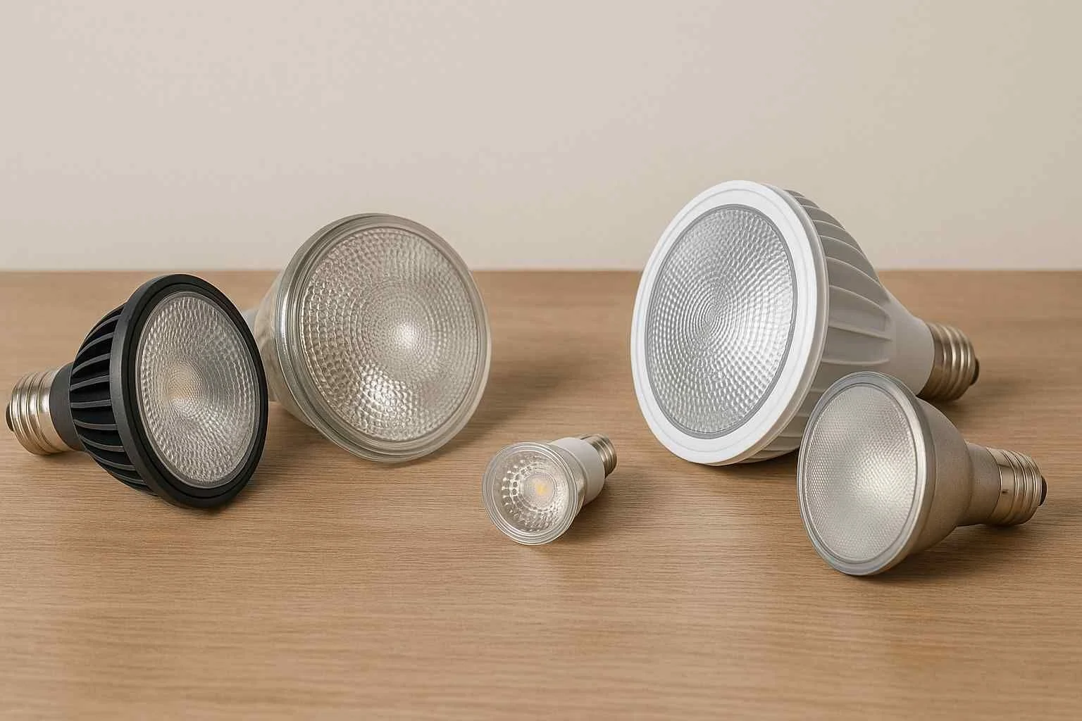 Vijf PAR-lampen in verschillende soorten en maten op een houten tafelblad. De lampen hebben zilveren reflectoren en een grijze of witte behuizing.