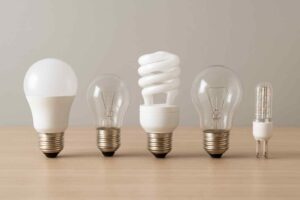 Vijf verschillende soorten lampen naast elkaar op een houten tafel. Van links naar rechts: LED, gloeilamp, spaarlamp, gloeilamp, LED-strip. Neutrale achtergrond.