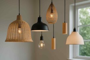 Diverse hanglampen in een interieur. Rotan, hout en zwart metaal. Warm licht, sfeervolle design lampen voor de woonkamer.