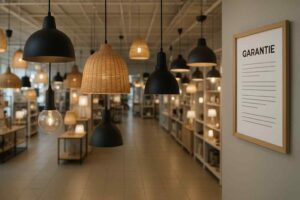 Overzicht van hanglampen in een winkel, met zwarte en rieten lampenkappen. Een lijst met Garantie hangt aan de muur. Warm licht.