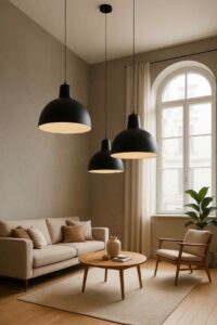 Woonkamer met beige zitbank en houten tafel. Drie zwarte hanglampen boven de tafel. Hoge ramen met witte gordijnen zorgen voor natuurlijk licht.