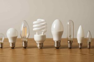 Diverse lampvormen op een rij, van helder glas tot spiraal, op een houten tafel. Verschillende stijlen en designs voor jouw woonkamer.