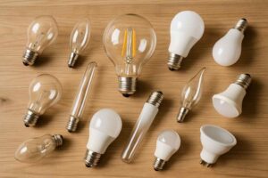 Bovenaanzicht van diverse lampvormen op een houten achtergrond. Heldere en matte lampen, waaronder LED, gloeilampen en buislampen.