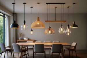 Eetkamer met houten tafel en grijze stoelen. Verschillende hanglampen van glas, hout en metaal zorgen voor een warme sfeer in dit design interieur.